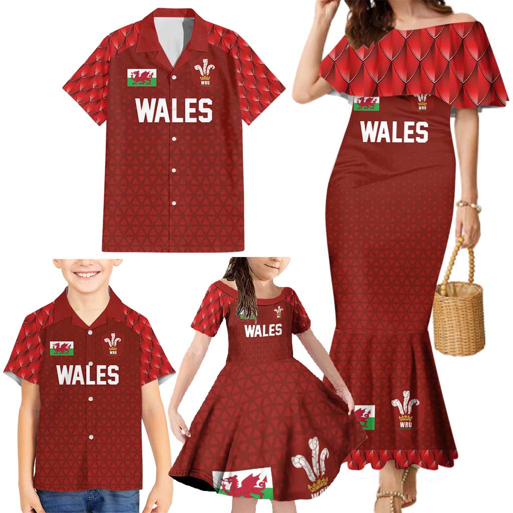 Custom Wales Rugby-The Three Feathers Family Matching Mermaid Dress and Hawaiian Shirt Go Champions