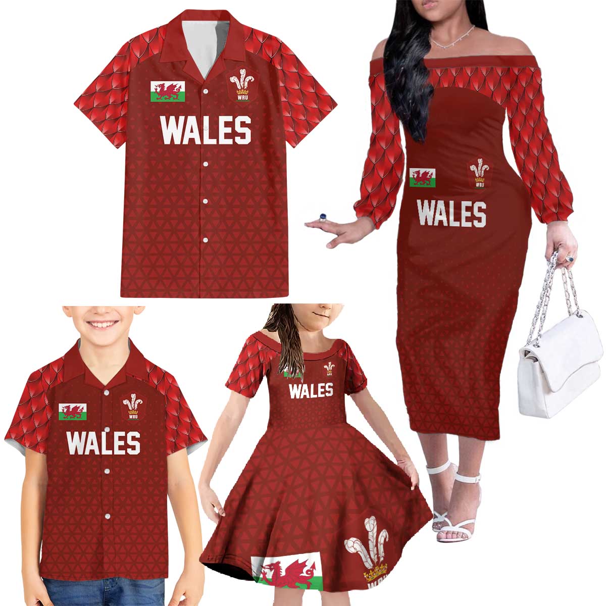 Custom Wales Rugby-The Three Feathers Family Matching Off The Shoulder Long Sleeve Dress and Hawaiian Shirt Go Champions
