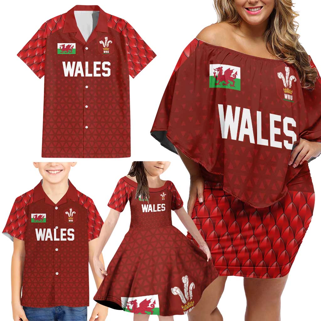 Custom Wales Rugby-The Three Feathers Family Matching Off Shoulder Short Dress and Hawaiian Shirt Go Champions