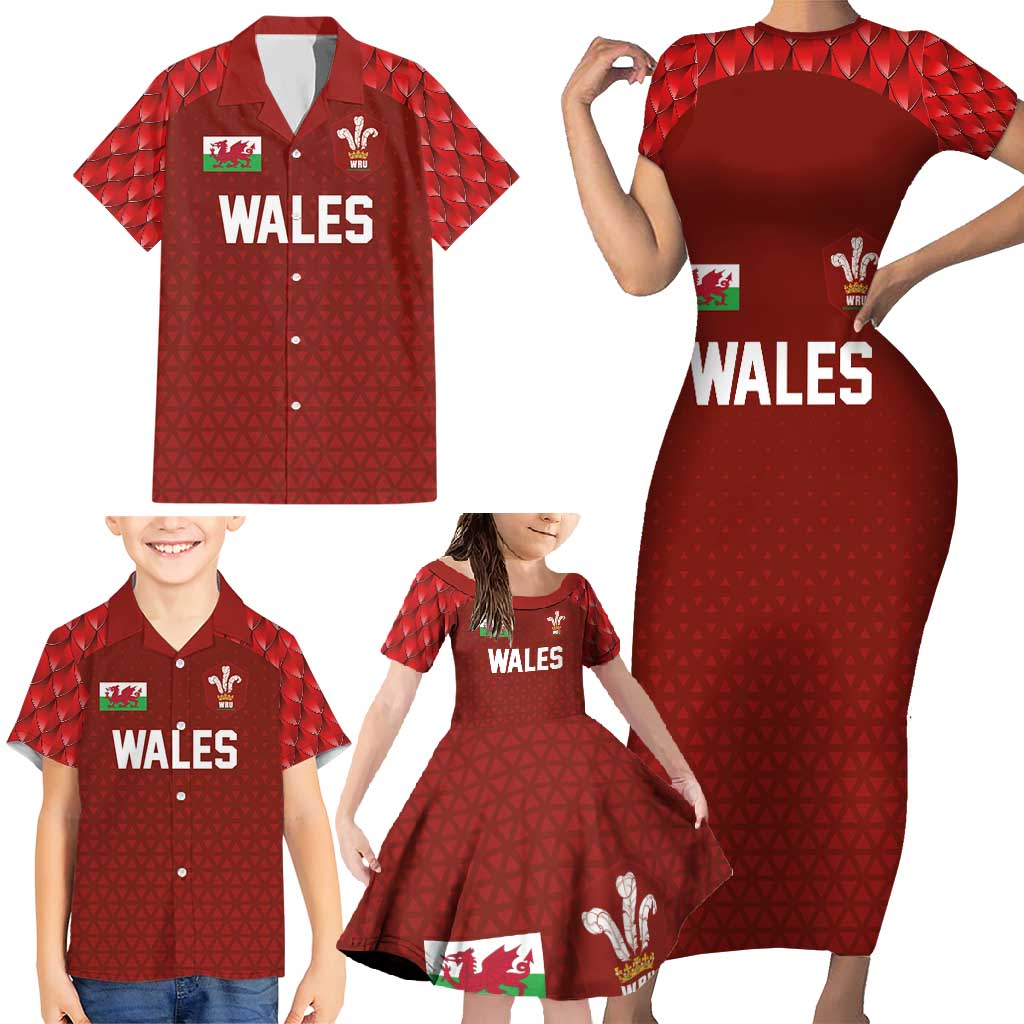 Custom Wales Rugby-The Three Feathers Family Matching Short Sleeve Bodycon Dress and Hawaiian Shirt Go Champions