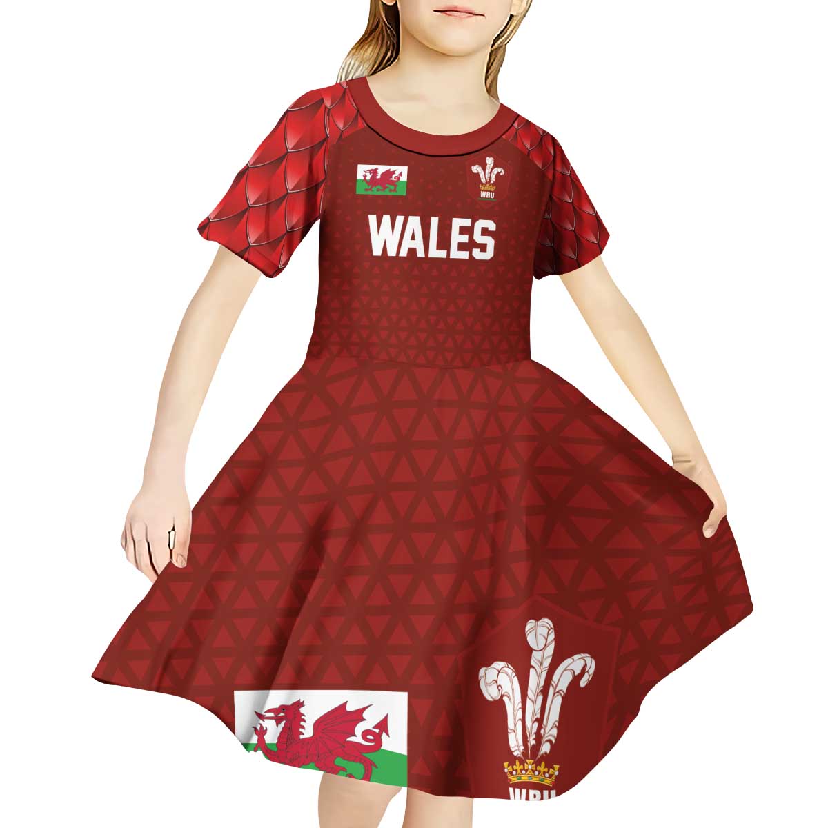 Custom Wales Rugby-The Three Feathers Kid Short Sleeve Dress Go Champions