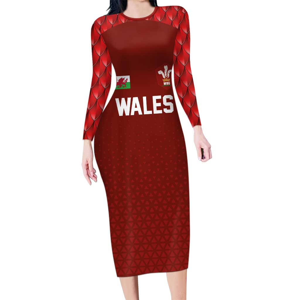 Custom Wales Rugby-The Three Feathers Long Sleeve Bodycon Dress Go Champions