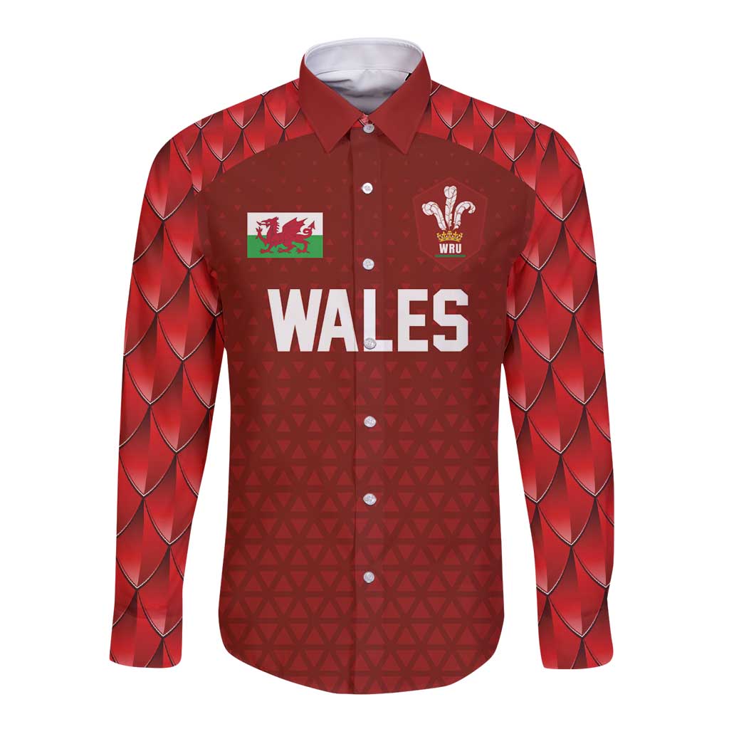 Custom Wales Rugby-The Three Feathers Long Sleeve Button Shirt Go Champions