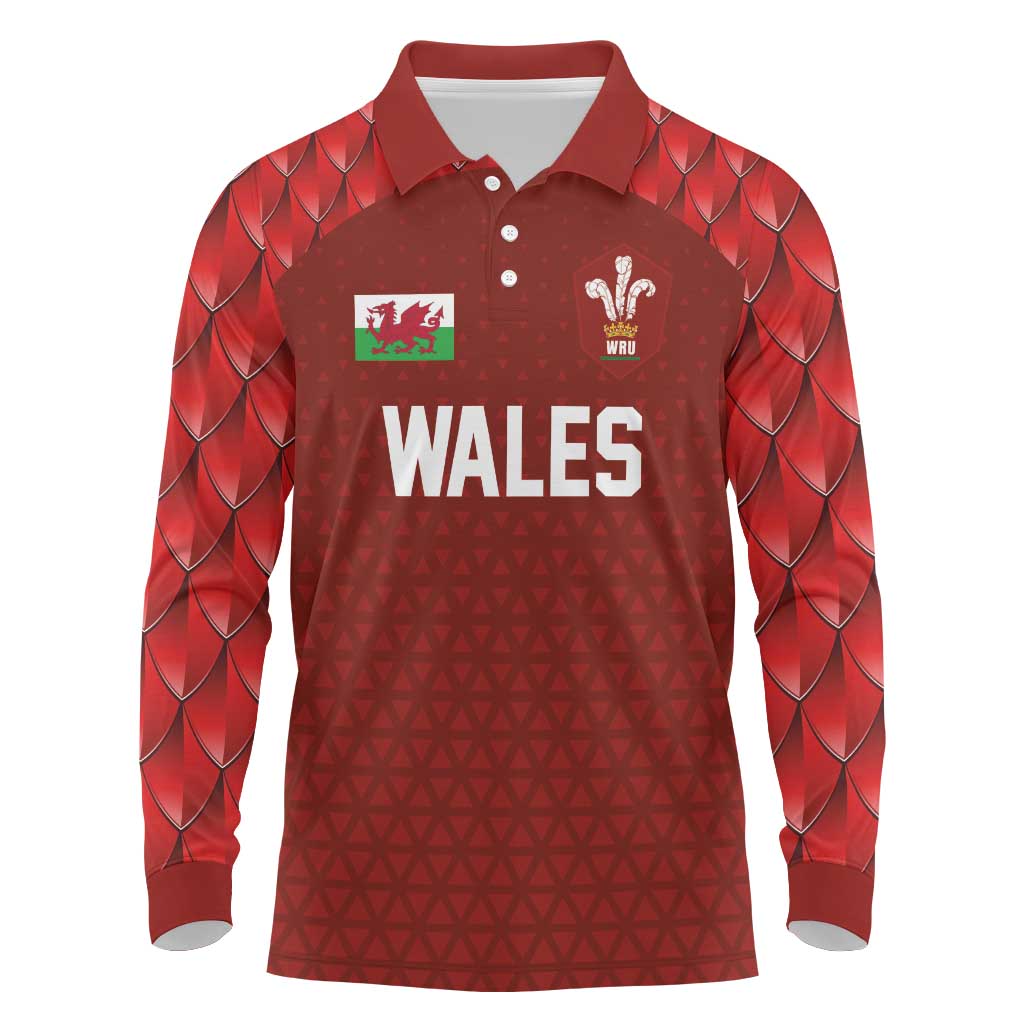 Custom Wales Rugby-The Three Feathers Long Sleeve Polo Shirt Go Champions