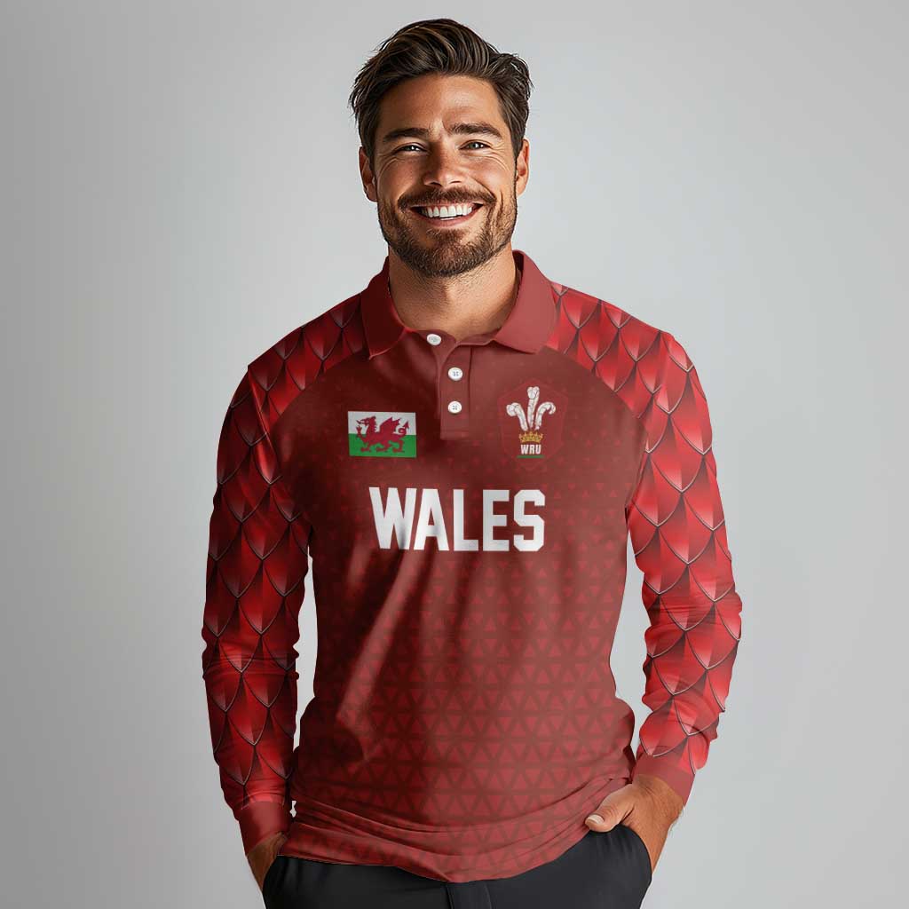 Custom Wales Rugby-The Three Feathers Long Sleeve Polo Shirt Go Champions