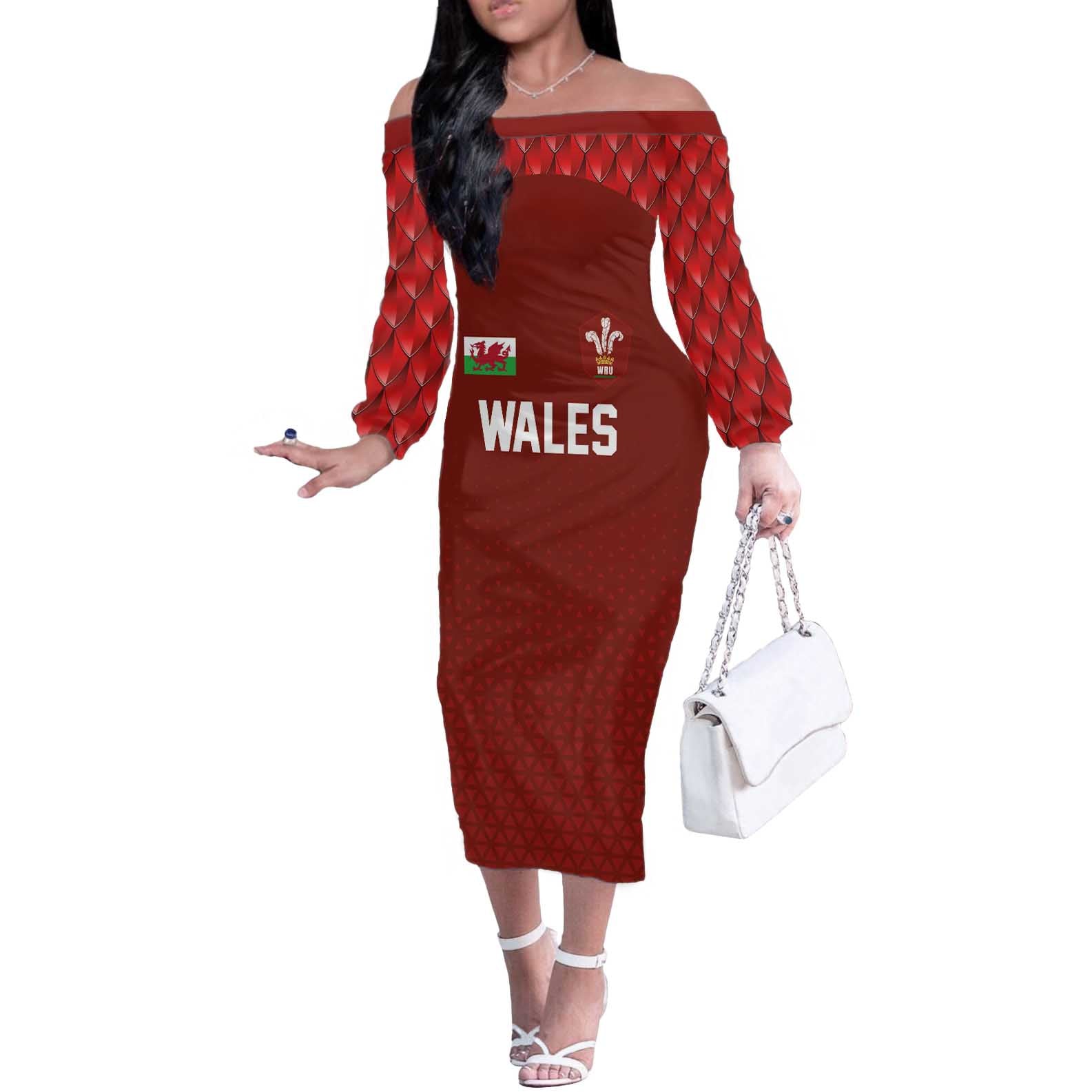 Custom Wales Rugby-The Three Feathers Off The Shoulder Long Sleeve Dress Go Champions