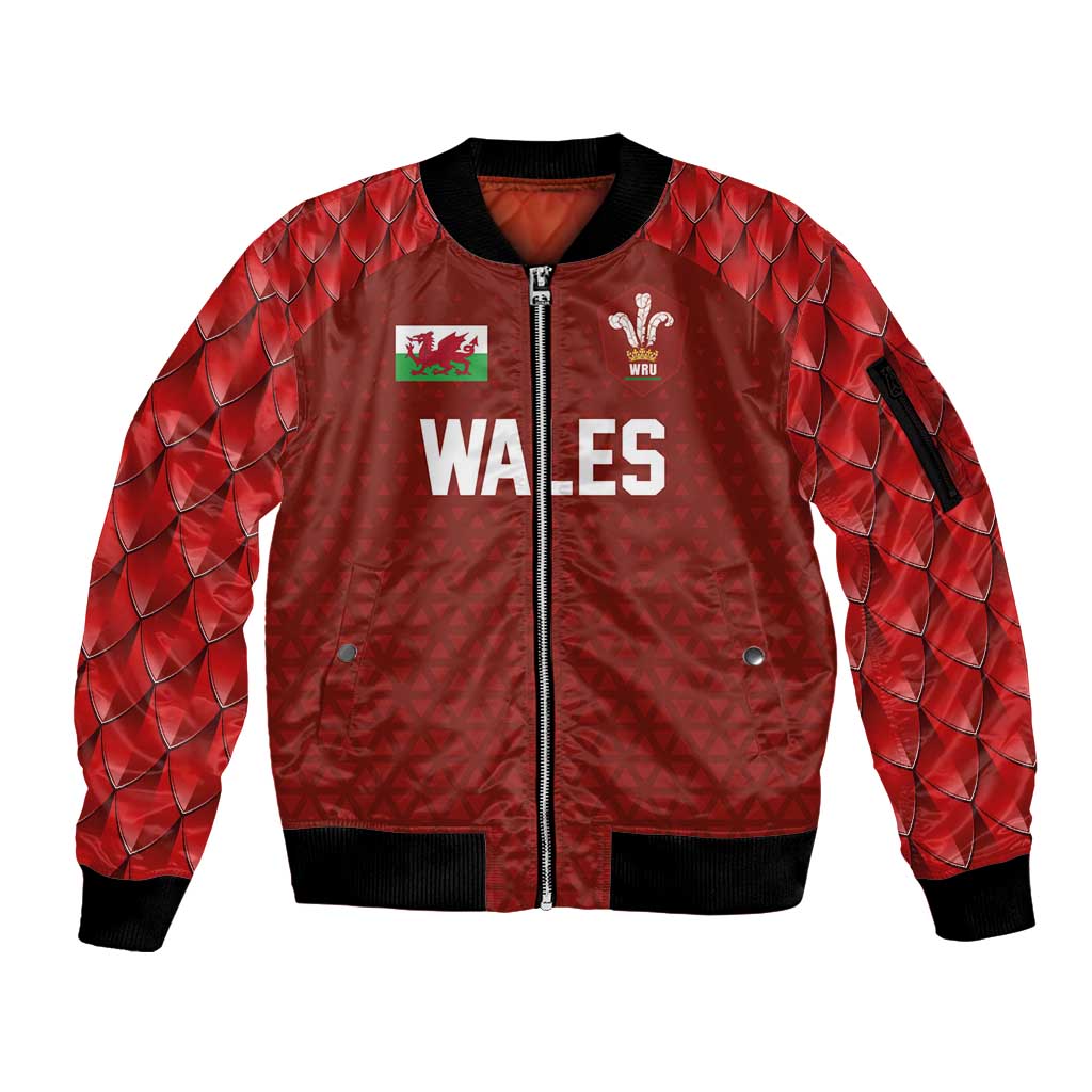 Custom Wales Rugby-The Three Feathers Sleeve Zip Bomber Jacket Go Champions