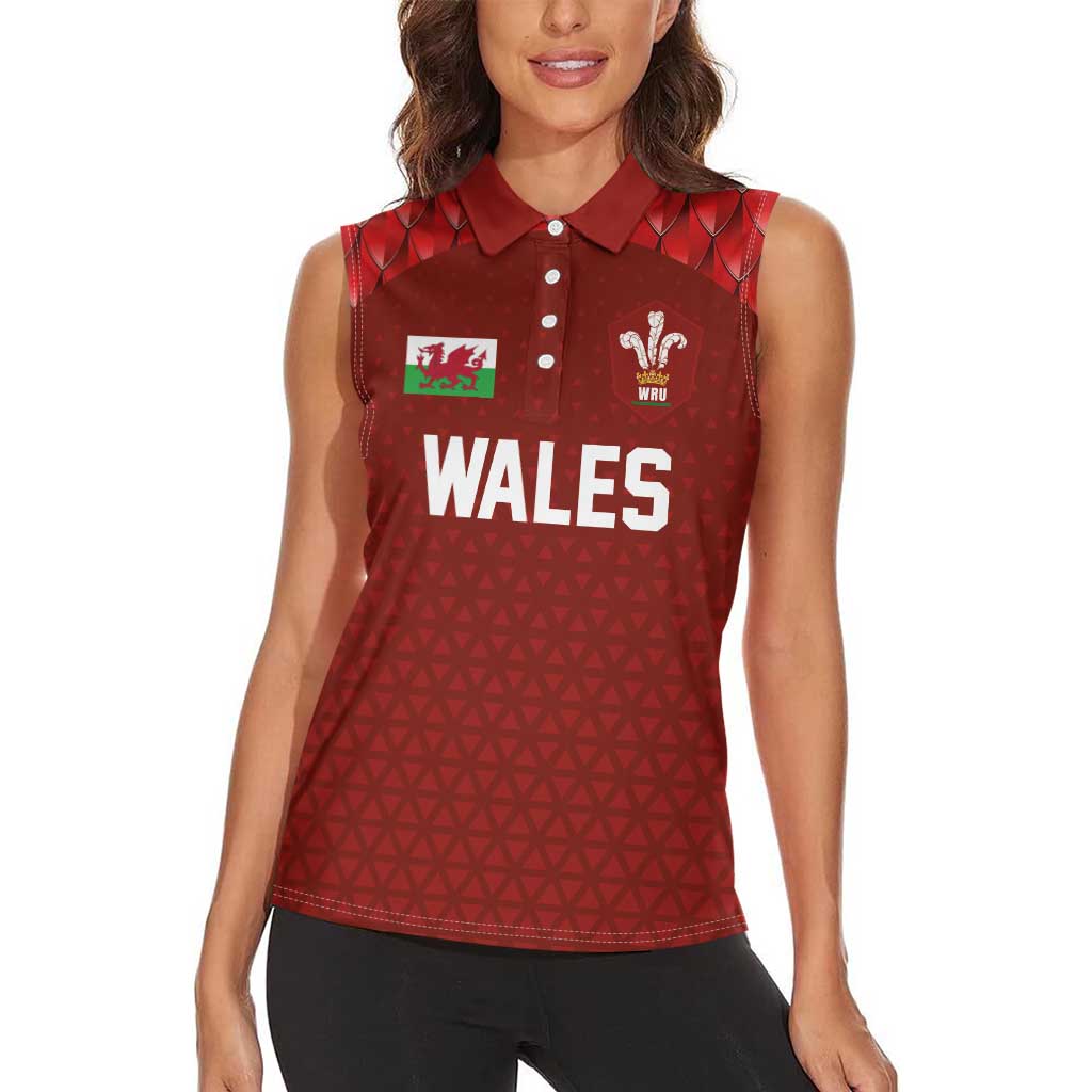 Custom Wales Rugby-The Three Feathers Women Sleeveless Polo Shirt Go Champions