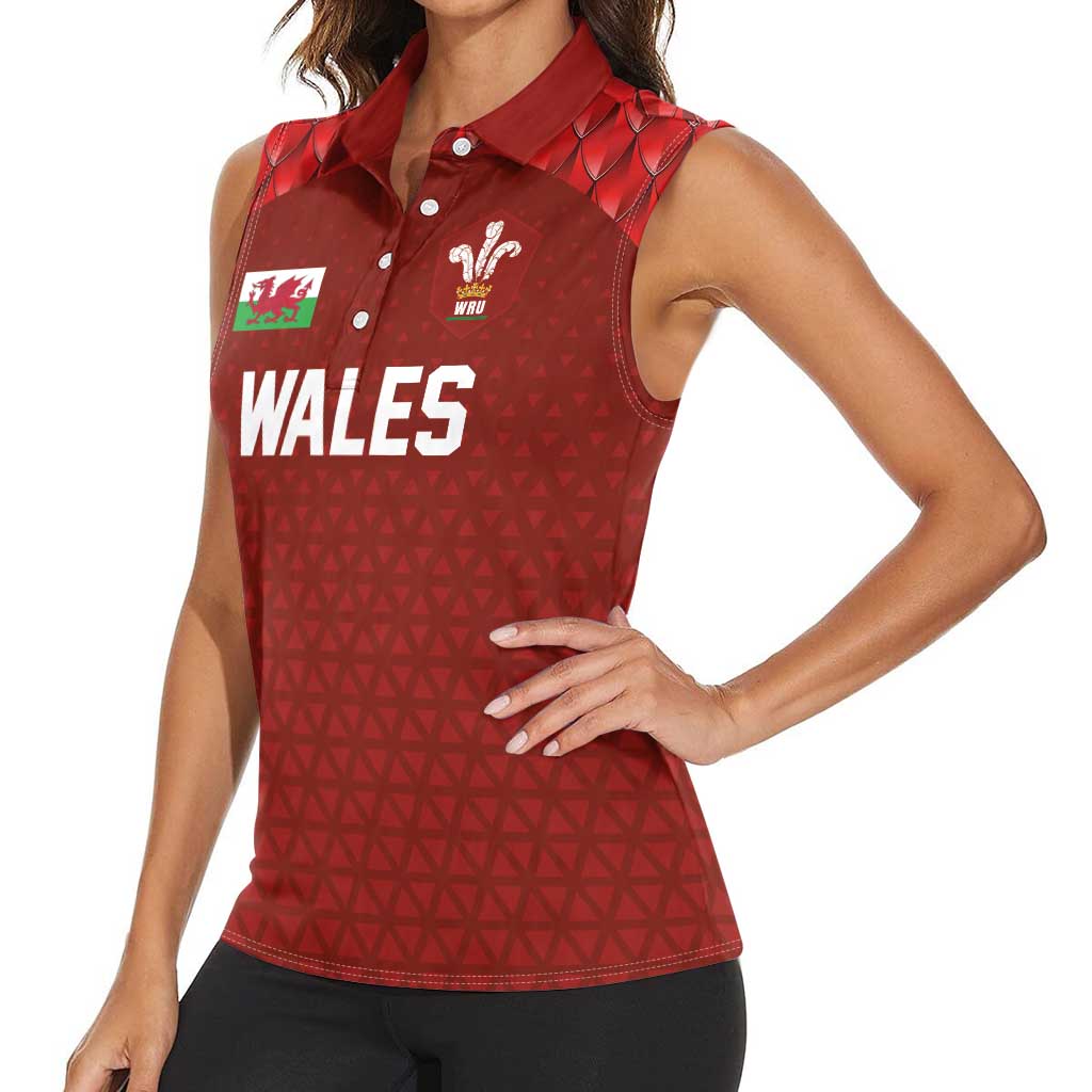 Custom Wales Rugby-The Three Feathers Women Sleeveless Polo Shirt Go Champions