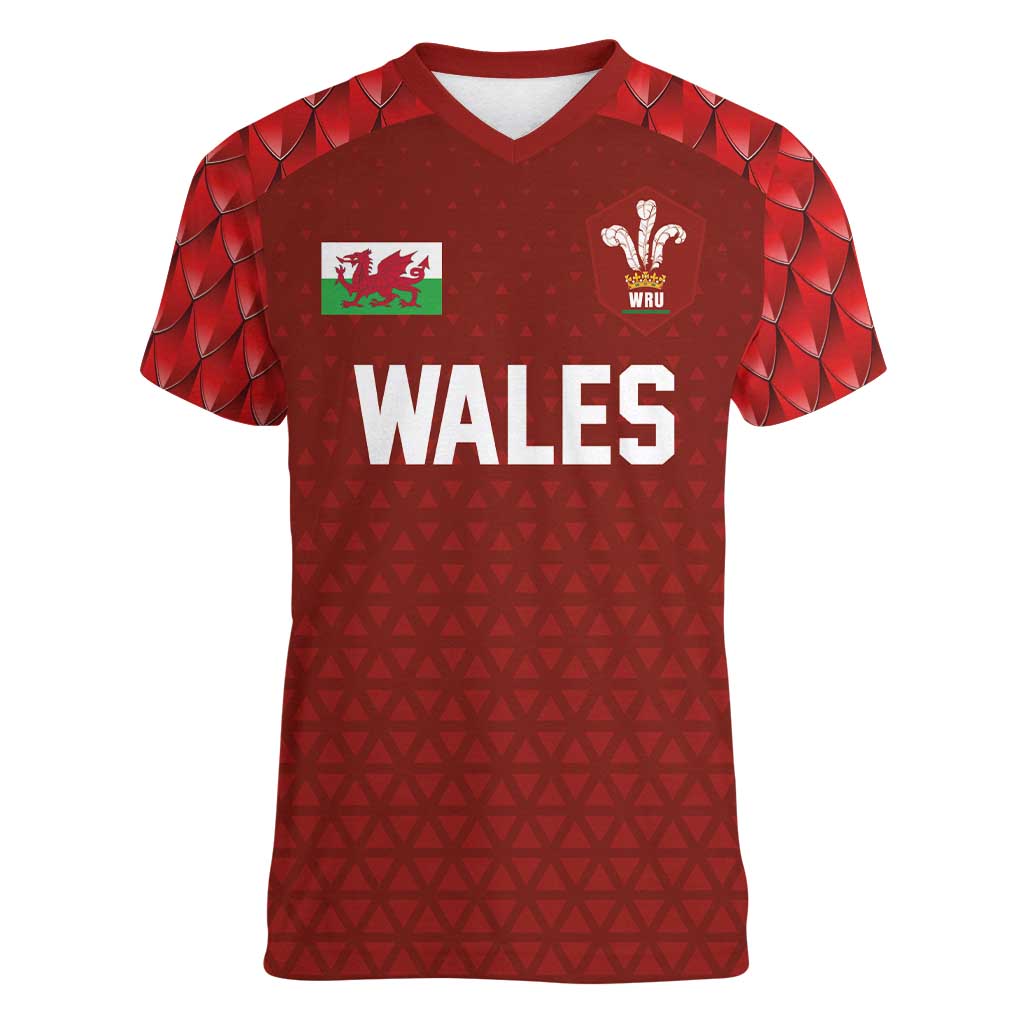 Custom Wales Rugby-The Three Feathers Women V-Neck T-Shirt Go Champions