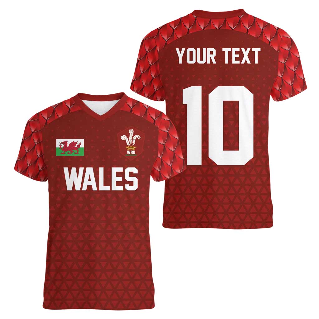 Custom Wales Rugby-The Three Feathers Women V-Neck T-Shirt Go Champions