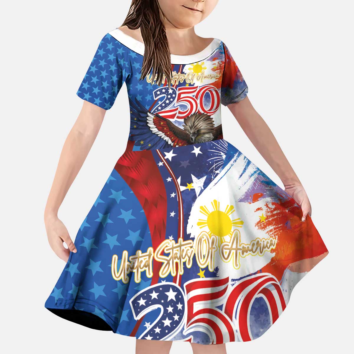 Philippines and United States Semiquincentennial Kid Short Sleeve Dress Eagle and National Flag Style