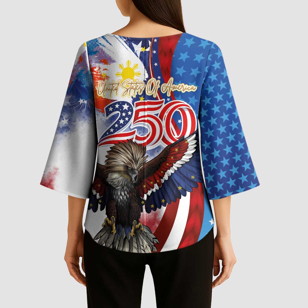 Philippines and United States Semiquincentennial Kimono Sleeve Blouse Eagle and National Flag Style