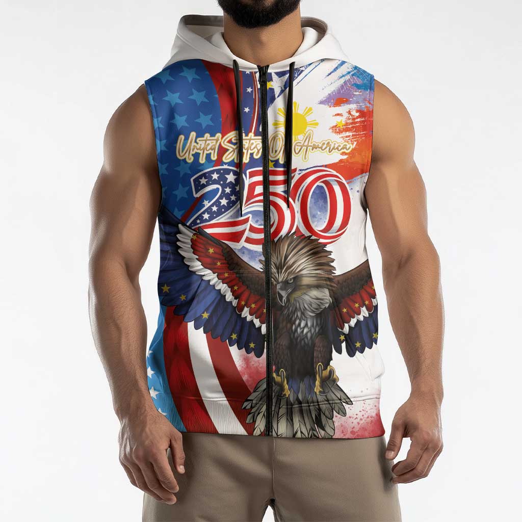Philippines and United States Semiquincentennial Sleeveless Zip Hoodie Eagle and National Flag Style