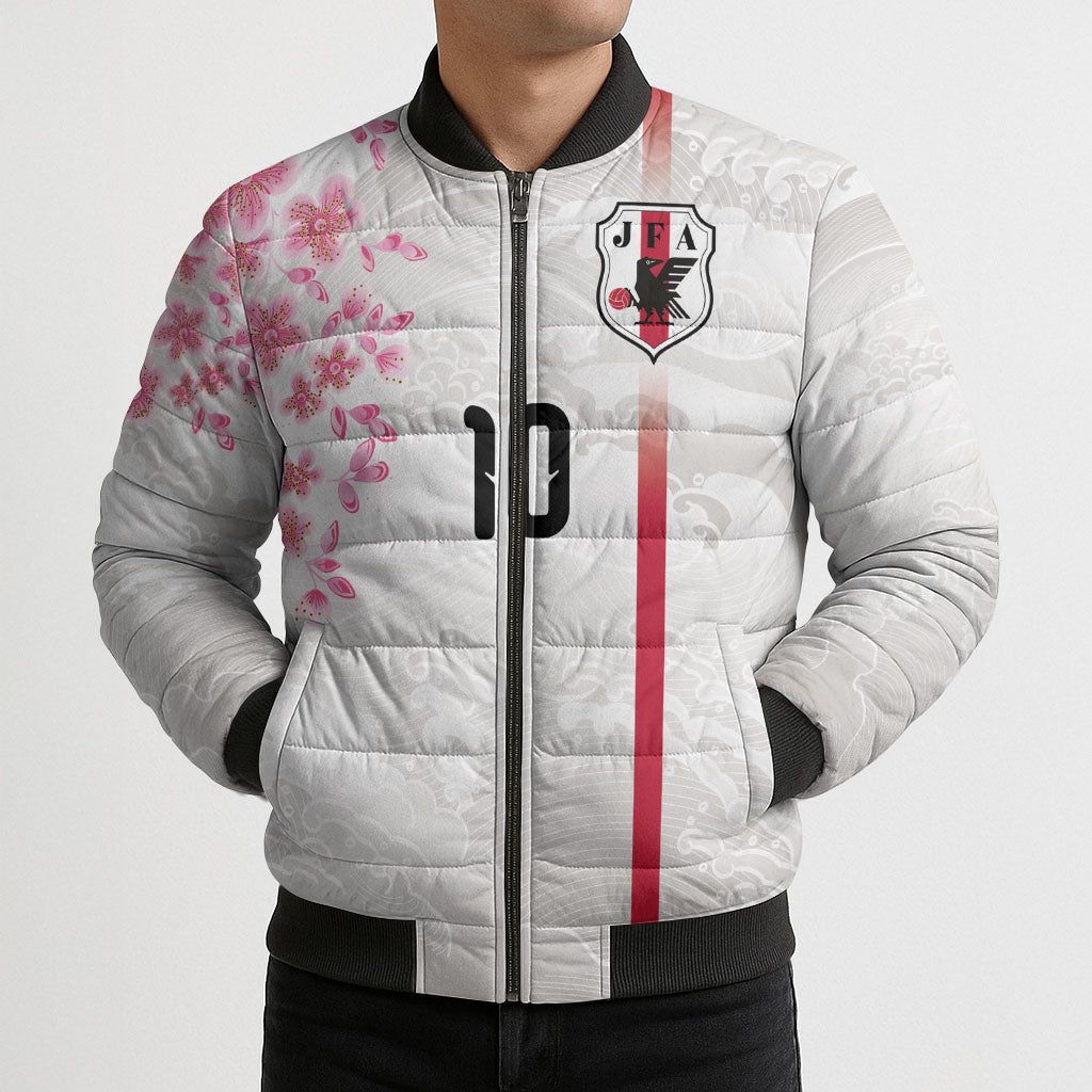 Custom Japan National Football Bomber Puffer Jacket Cherry Blossom Sakura Wave Traditional Graphic Art