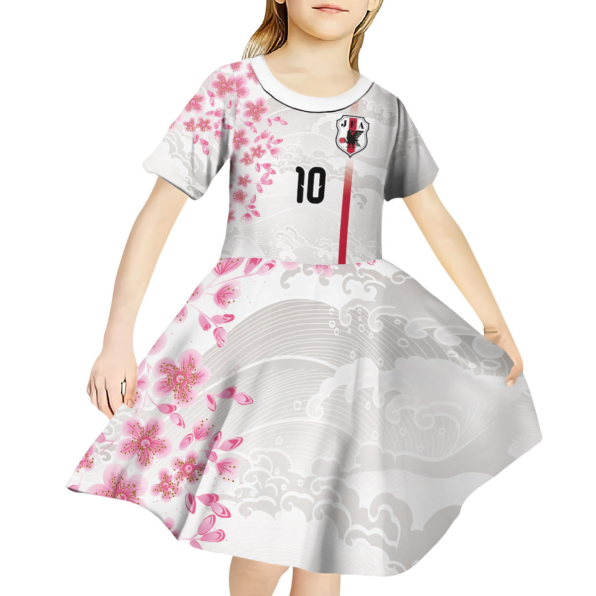 Custom Japan National Football Kid Short Sleeve Dress Cherry Blossom Sakura Wave Traditional Graphic Art