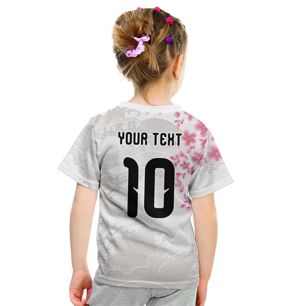 Custom Japan National Football Kid T Shirt Cherry Blossom Sakura Wave Traditional Graphic Art