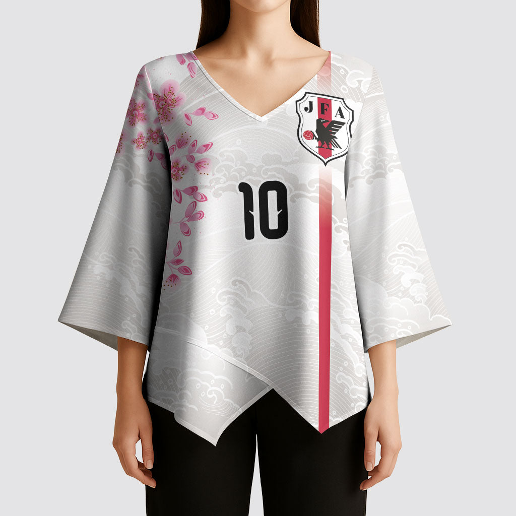 Custom Japan National Football Kimono Sleeve Blouse Cherry Blossom Sakura Wave Traditional Graphic Art