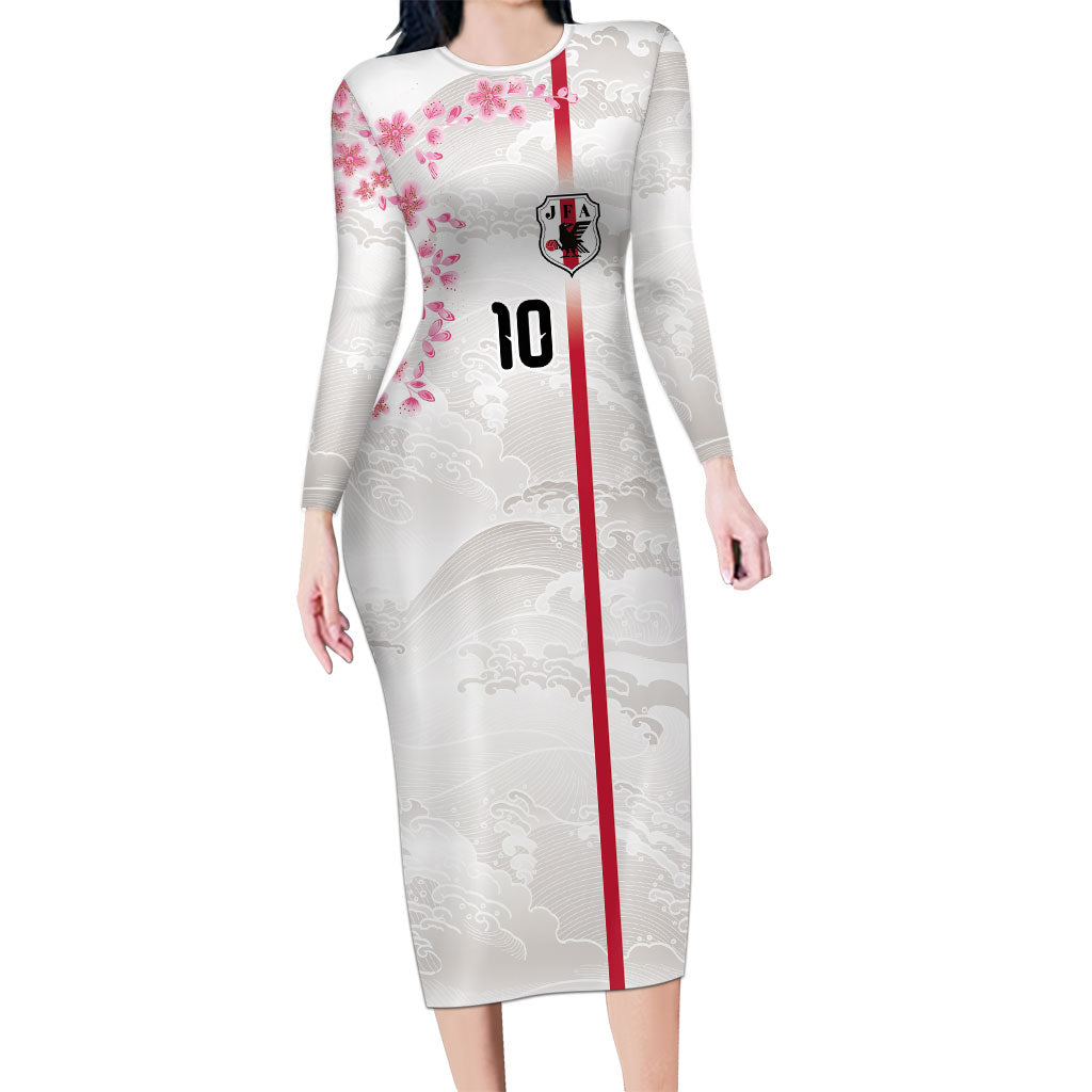 Custom Japan National Football Long Sleeve Bodycon Dress Cherry Blossom Sakura Wave Traditional Graphic Art