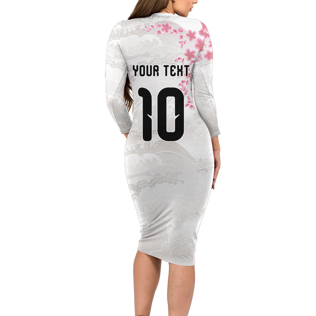 Custom Japan National Football Long Sleeve Bodycon Dress Cherry Blossom Sakura Wave Traditional Graphic Art