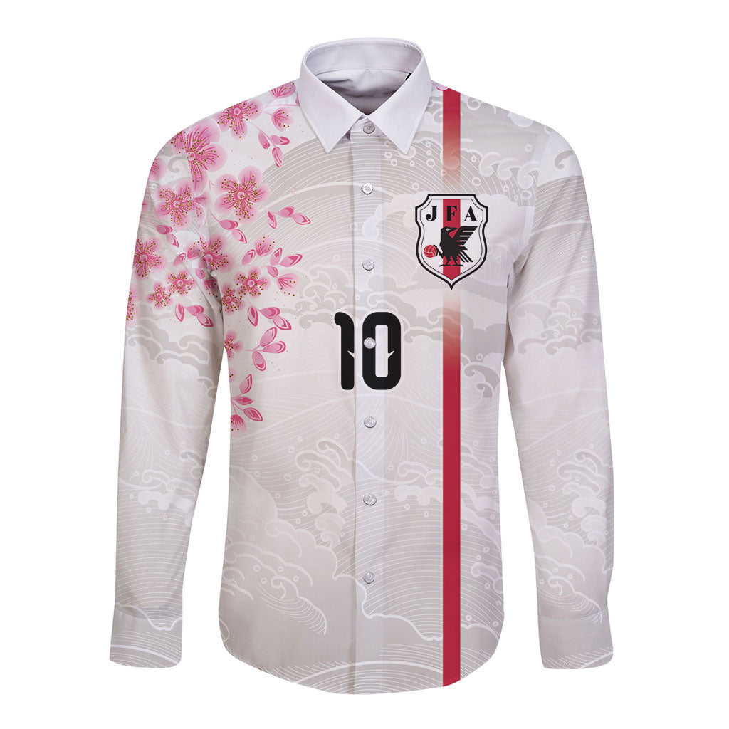 Custom Japan National Football Long Sleeve Button Shirt Cherry Blossom Sakura Wave Traditional Graphic Art