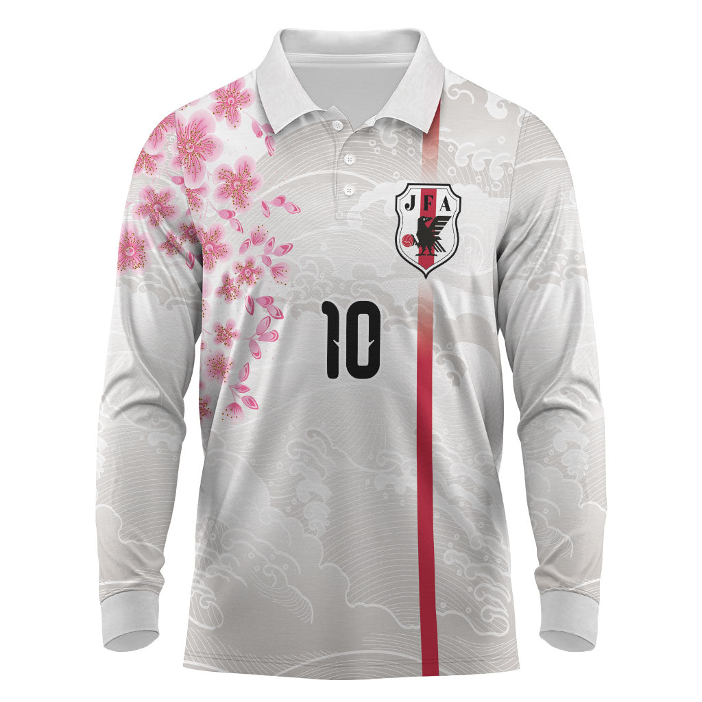Custom Japan National Football Long Sleeve Polo Shirt Cherry Blossom Sakura Wave Traditional Graphic Art