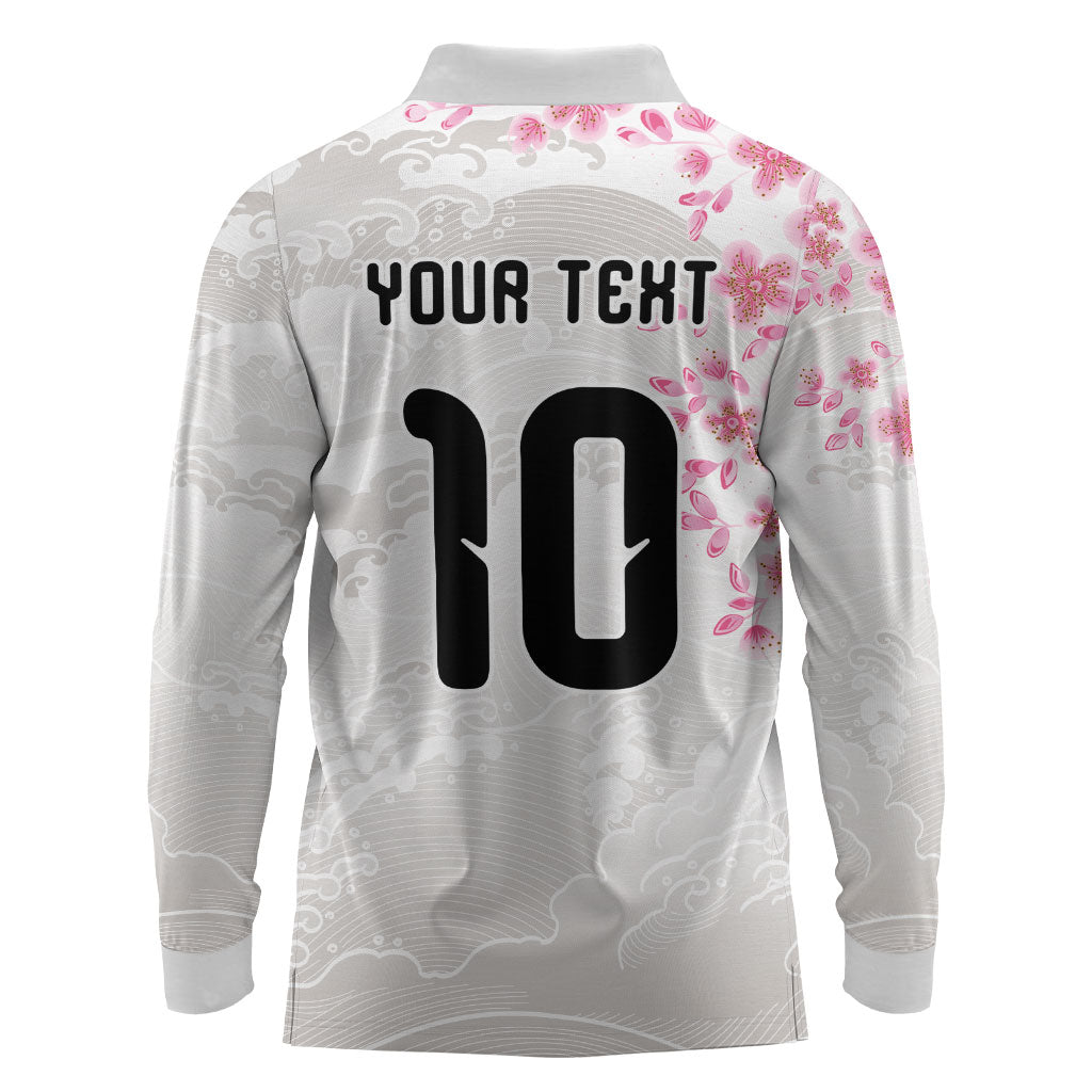 Custom Japan National Football Long Sleeve Polo Shirt Cherry Blossom Sakura Wave Traditional Graphic Art