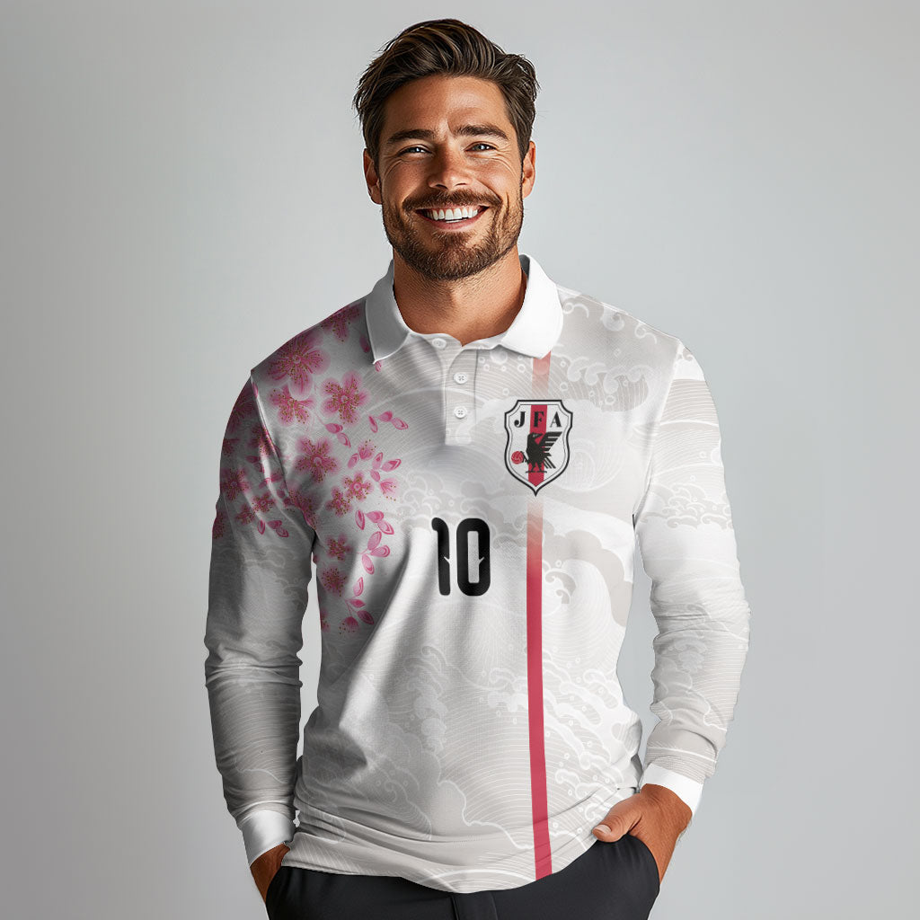 Custom Japan National Football Long Sleeve Polo Shirt Cherry Blossom Sakura Wave Traditional Graphic Art