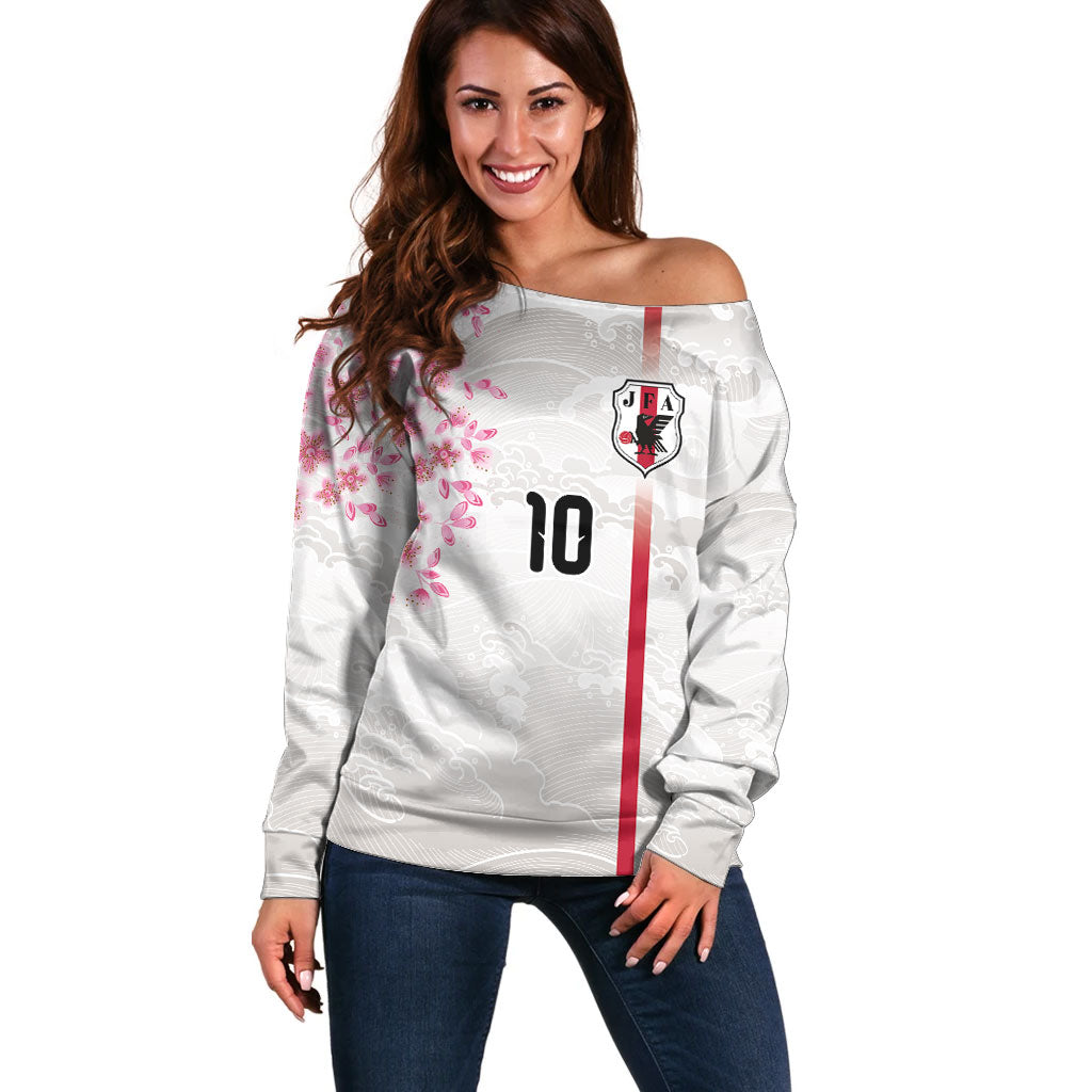 Custom Japan National Football Off Shoulder Sweater Cherry Blossom Sakura Wave Traditional Graphic Art