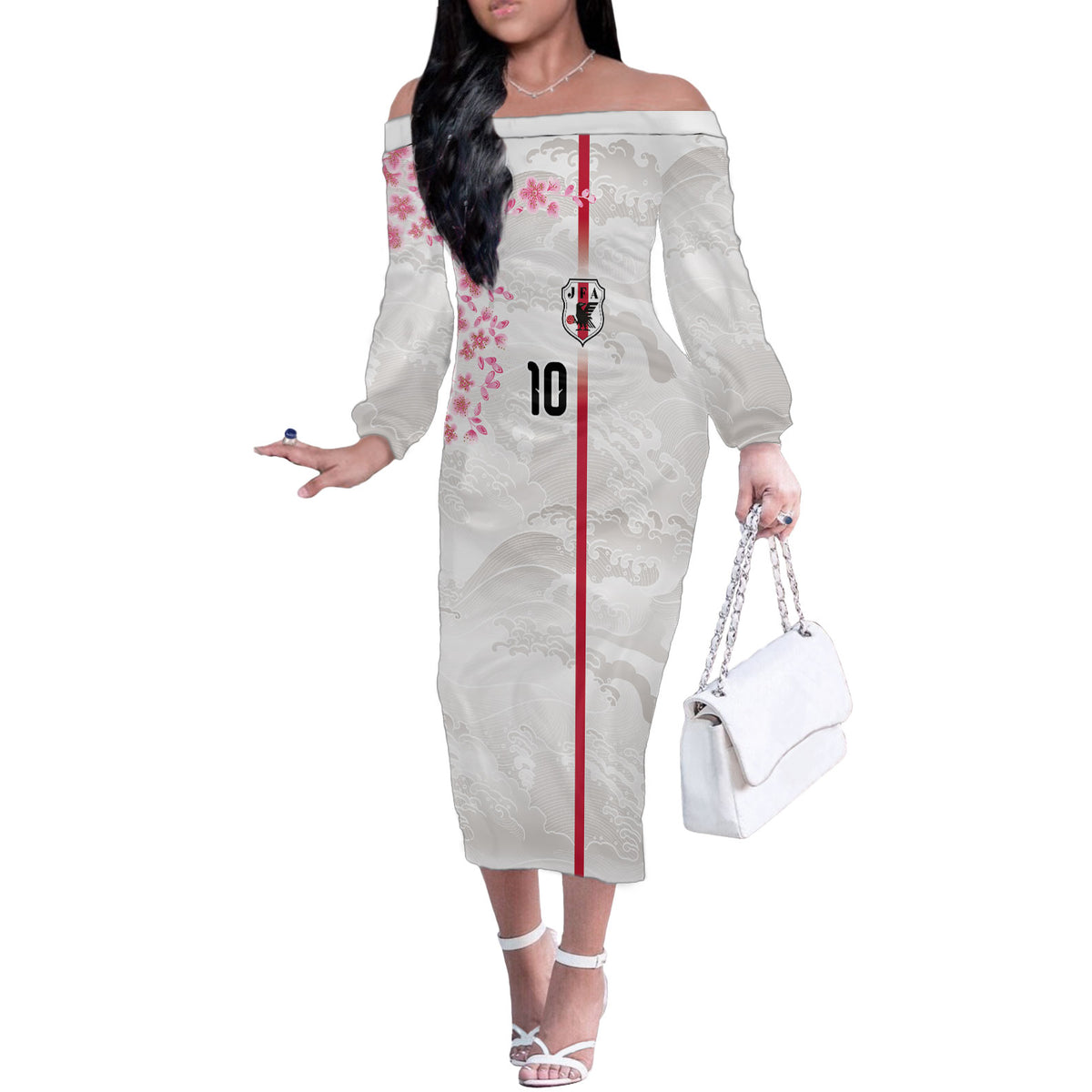 Custom Japan National Football Off The Shoulder Long Sleeve Dress Cherry Blossom Sakura Wave Traditional Graphic Art