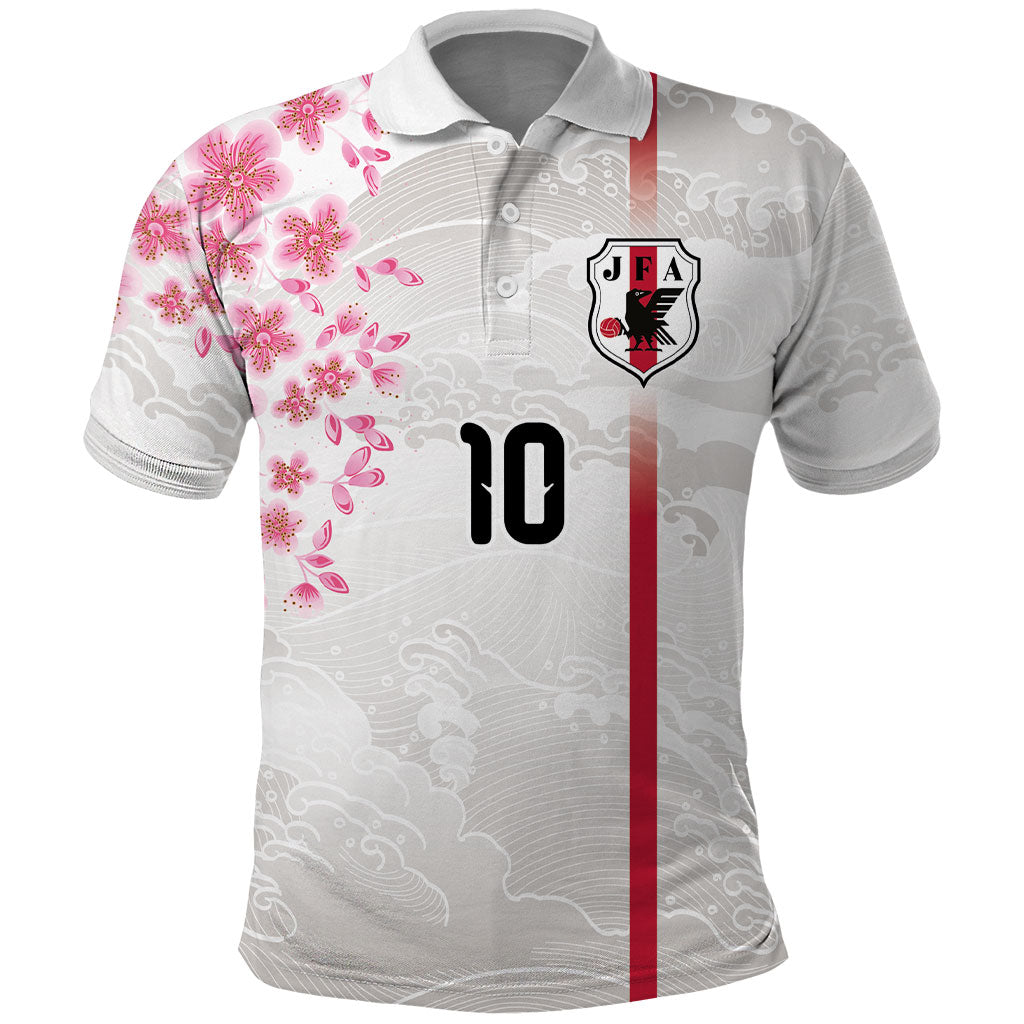 Custom Japan National Football Polo Shirt Cherry Blossom Sakura Wave Traditional Graphic Art