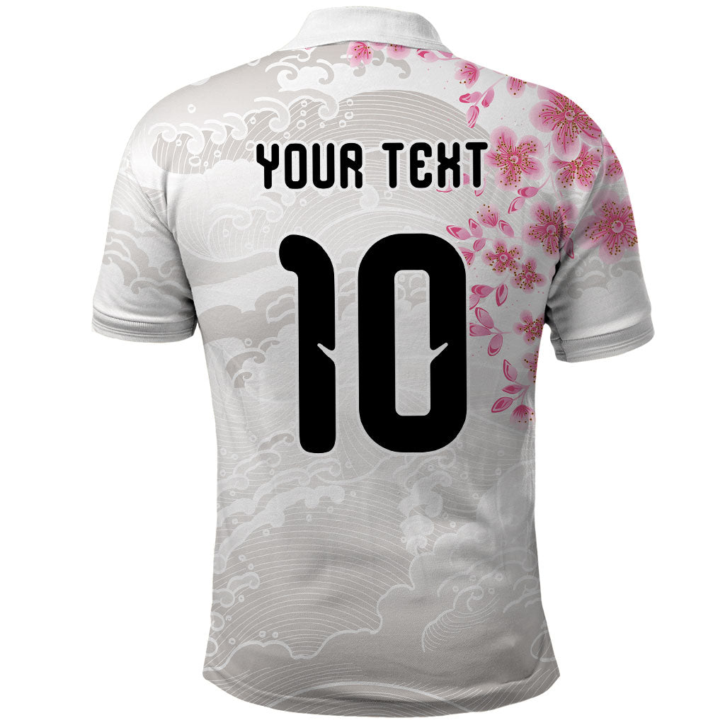 Custom Japan National Football Polo Shirt Cherry Blossom Sakura Wave Traditional Graphic Art