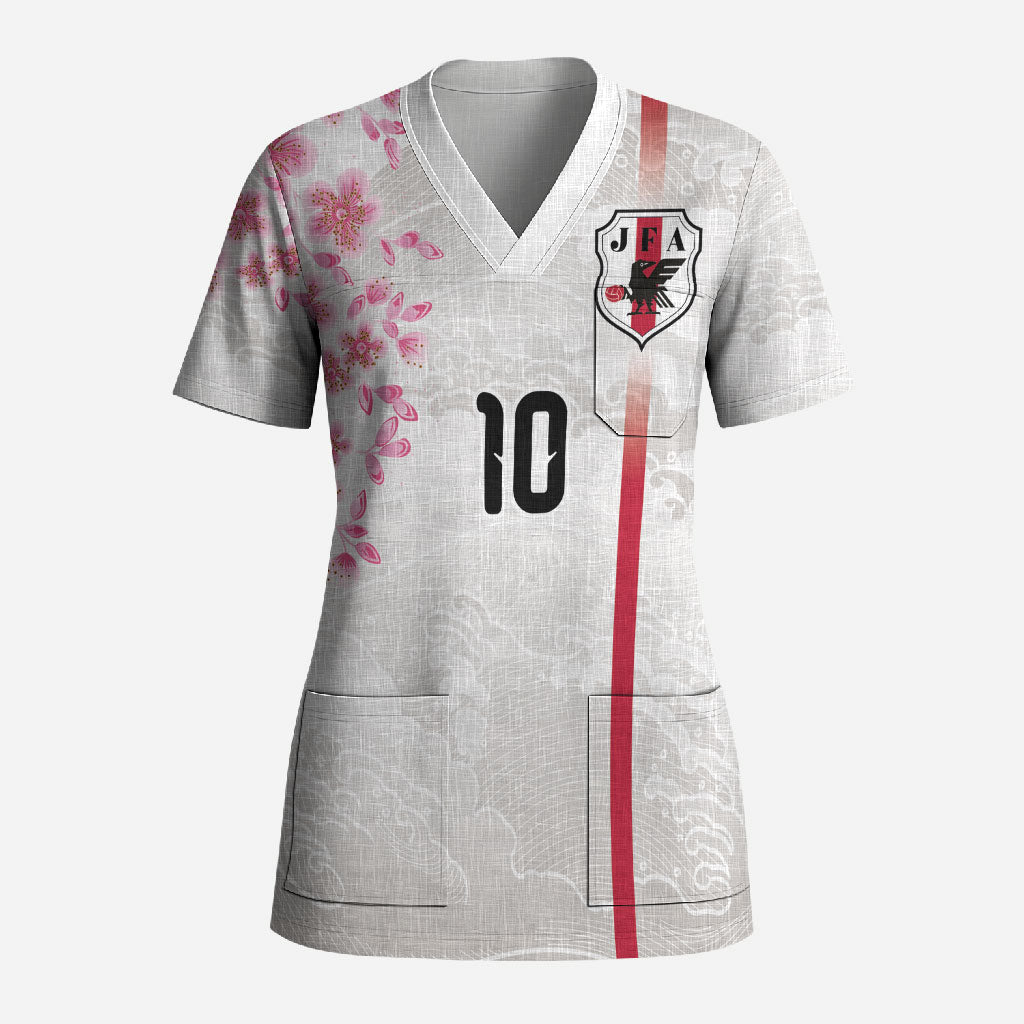 Custom Japan National Football Scrub Top Cherry Blossom Sakura Wave Traditional Graphic Art