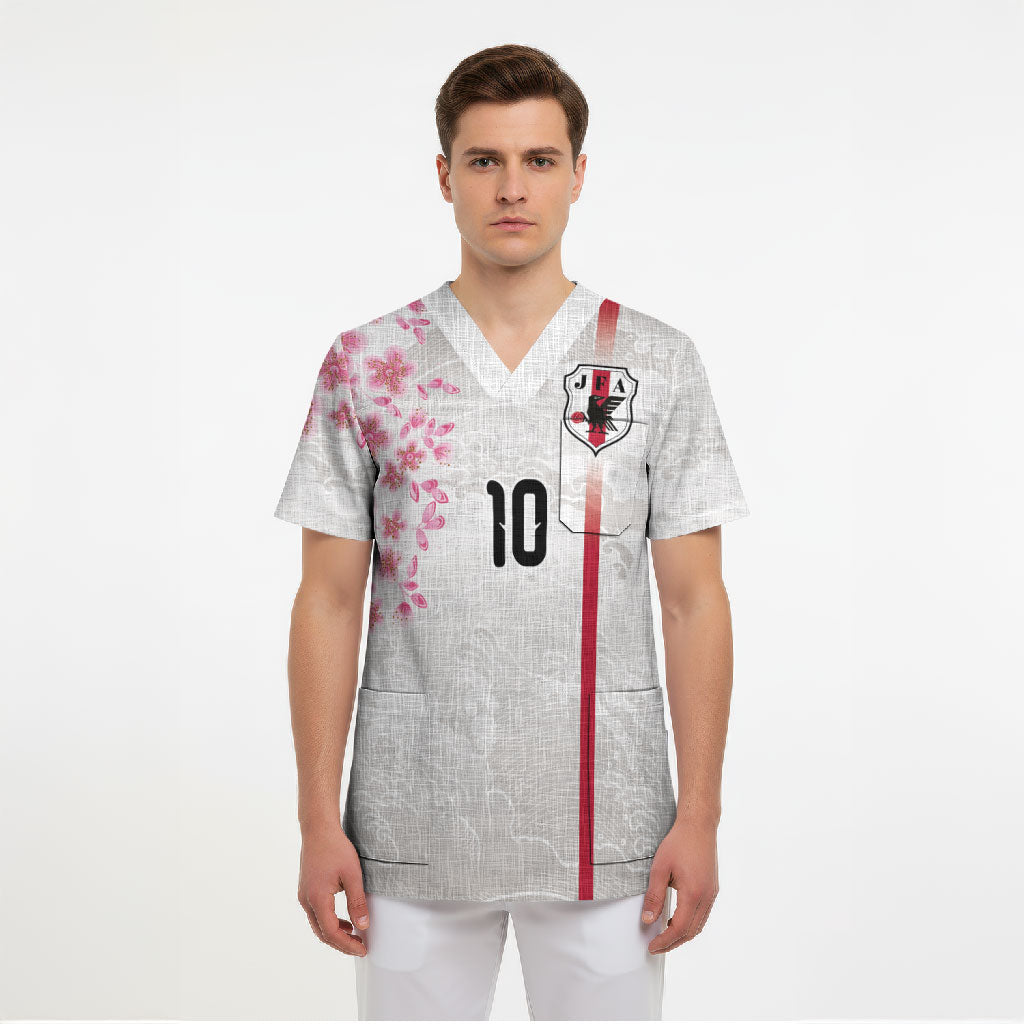 Custom Japan National Football Scrub Top Cherry Blossom Sakura Wave Traditional Graphic Art