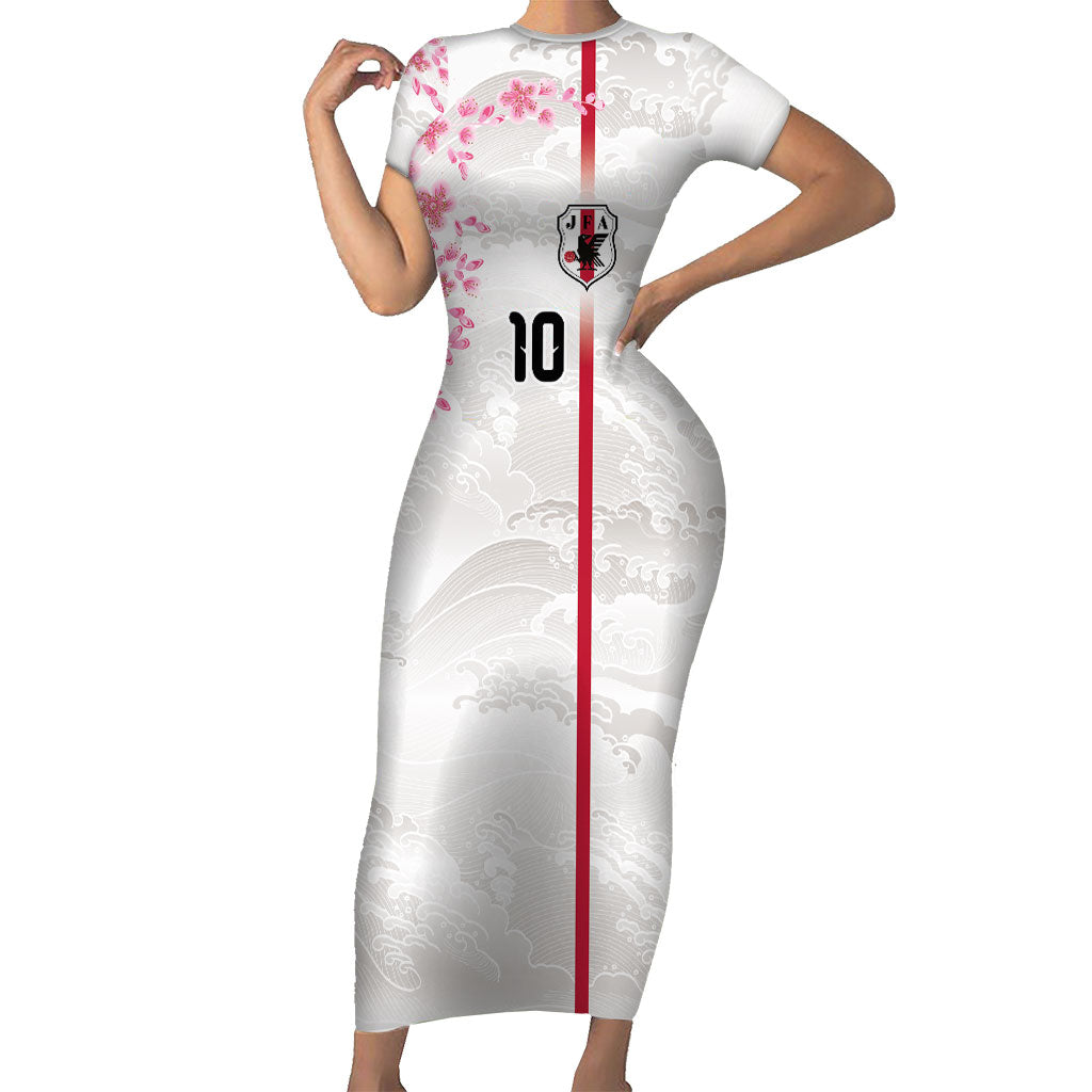 Custom Japan National Football Short Sleeve Bodycon Dress Cherry Blossom Sakura Wave Traditional Graphic Art