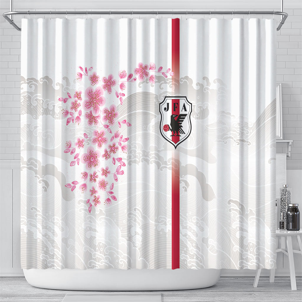 Japan National Football Shower Curtain Cherry Blossom Sakura Wave Traditional Graphic Art