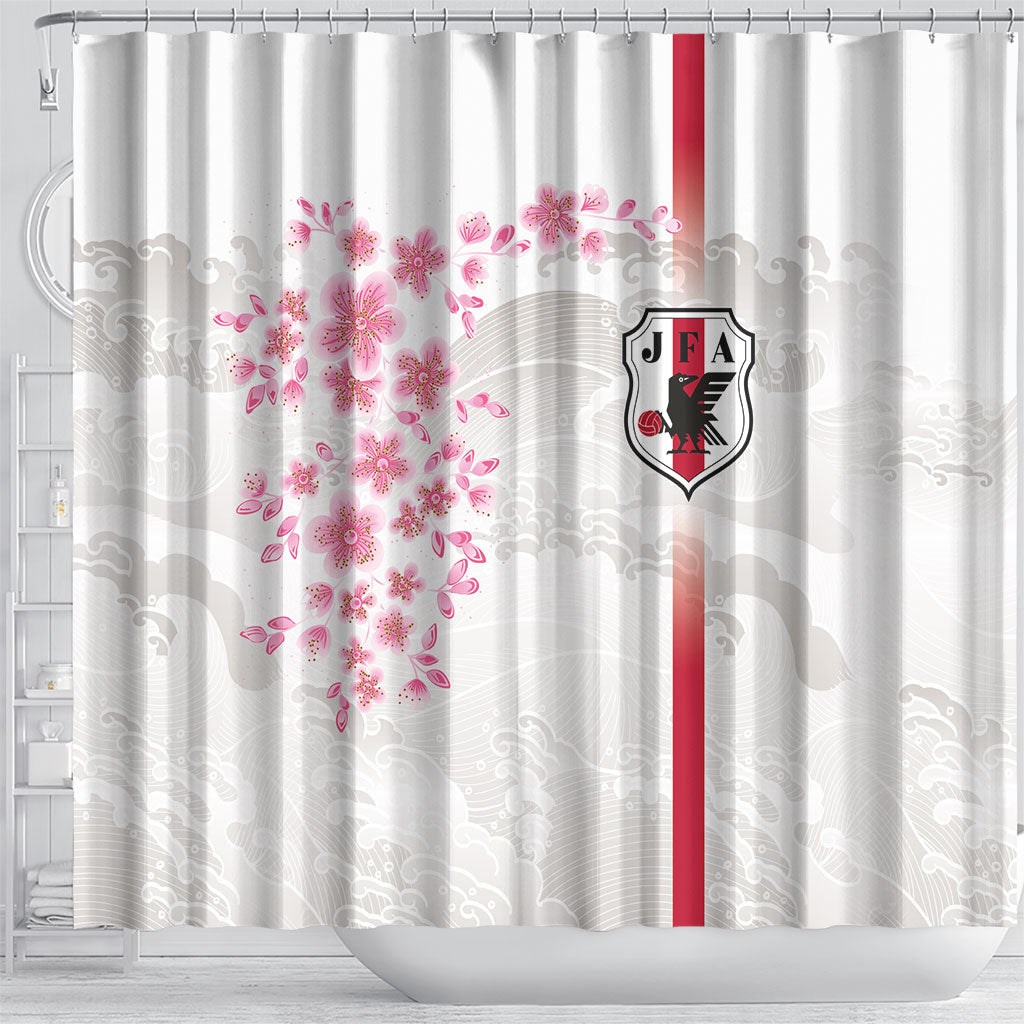 Japan National Football Shower Curtain Cherry Blossom Sakura Wave Traditional Graphic Art