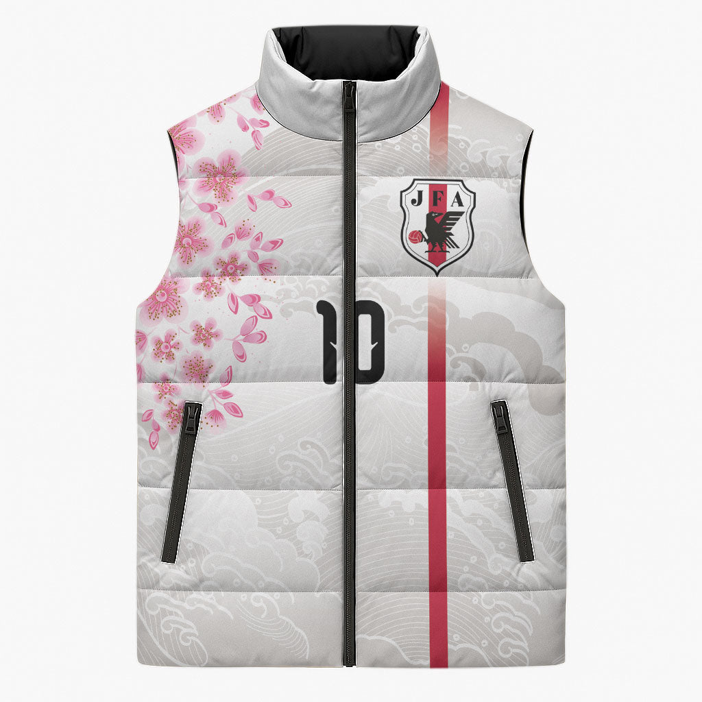 Custom Japan National Football Sleeveless Puffer Jacket Cherry Blossom Sakura Wave Traditional Graphic Art