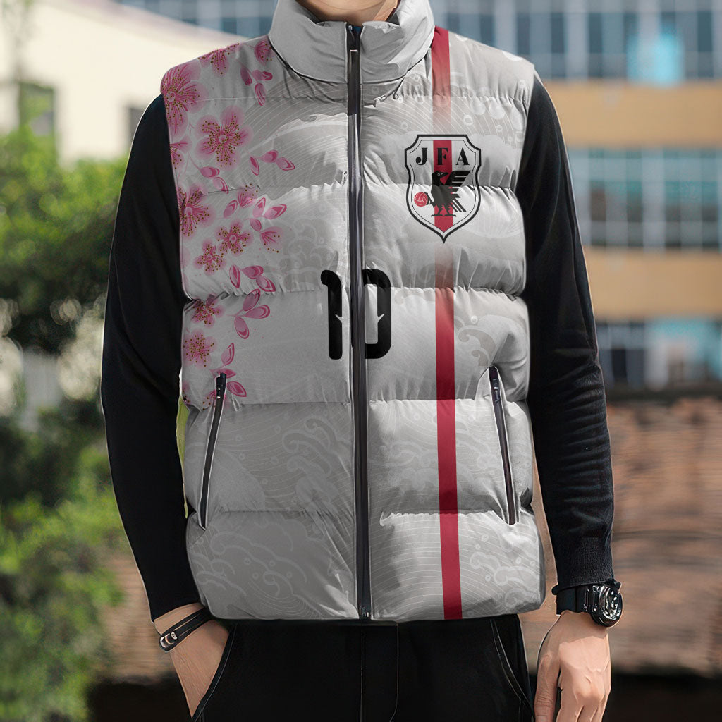 Custom Japan National Football Sleeveless Puffer Jacket Cherry Blossom Sakura Wave Traditional Graphic Art
