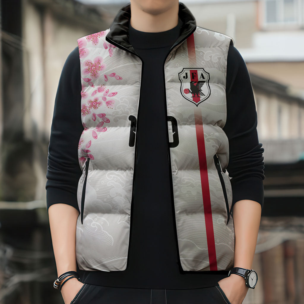 Custom Japan National Football Sleeveless Puffer Jacket Cherry Blossom Sakura Wave Traditional Graphic Art
