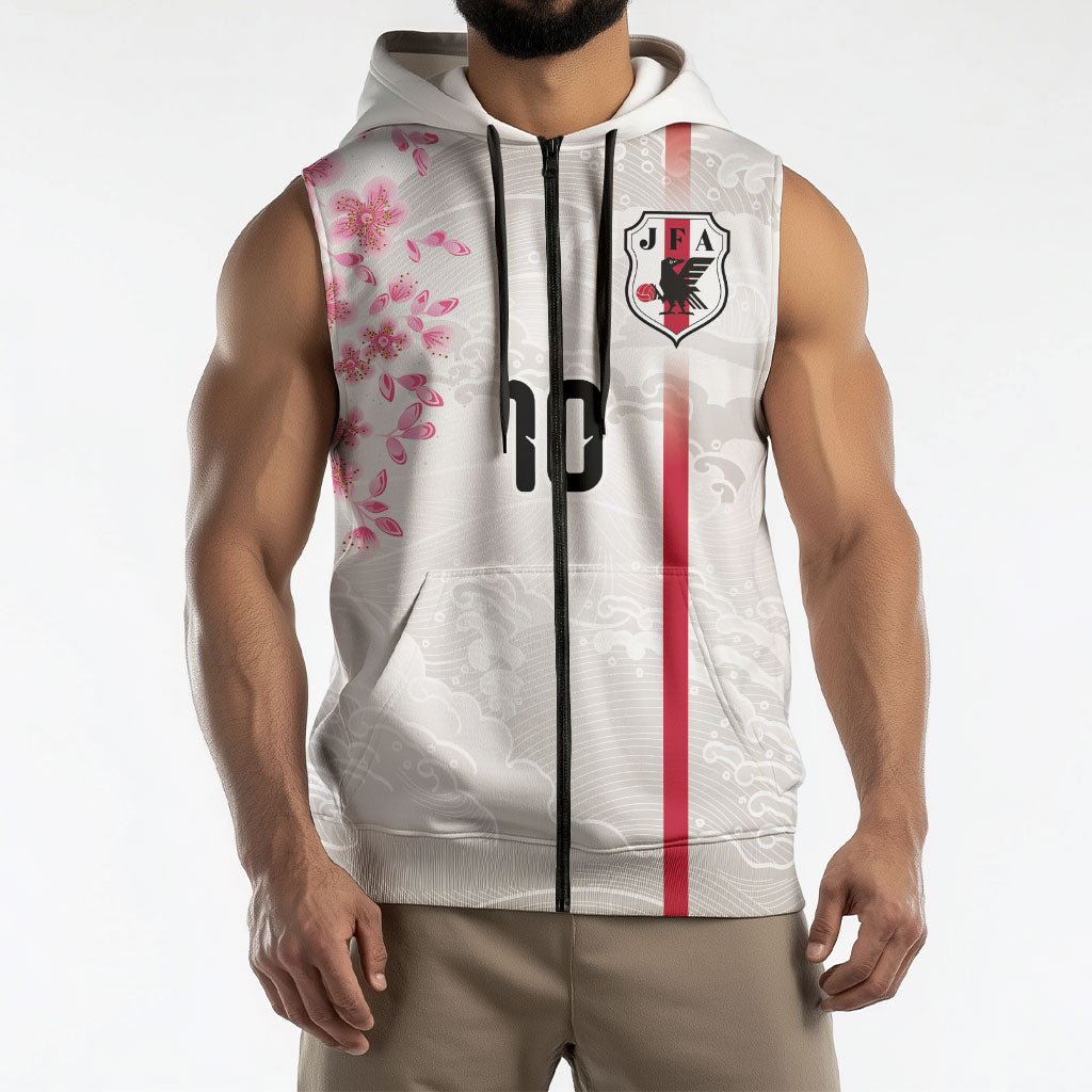 Custom Japan National Football Sleeveless Zip Hoodie Cherry Blossom Sakura Wave Traditional Graphic Art