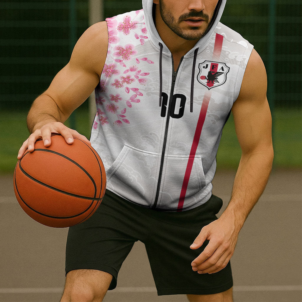 Custom Japan National Football Sleeveless Zip Hoodie Cherry Blossom Sakura Wave Traditional Graphic Art