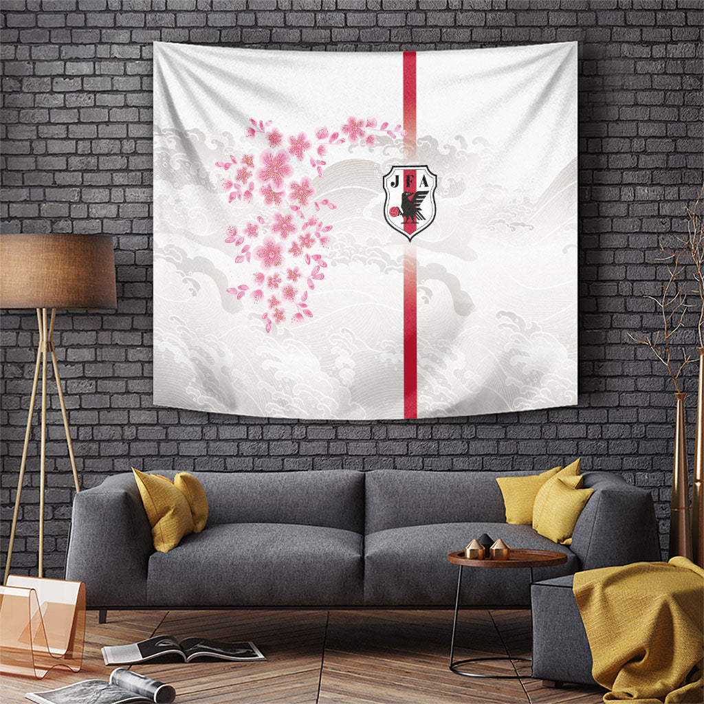 Japan National Football Tapestry Cherry Blossom Sakura Wave Traditional Graphic Art