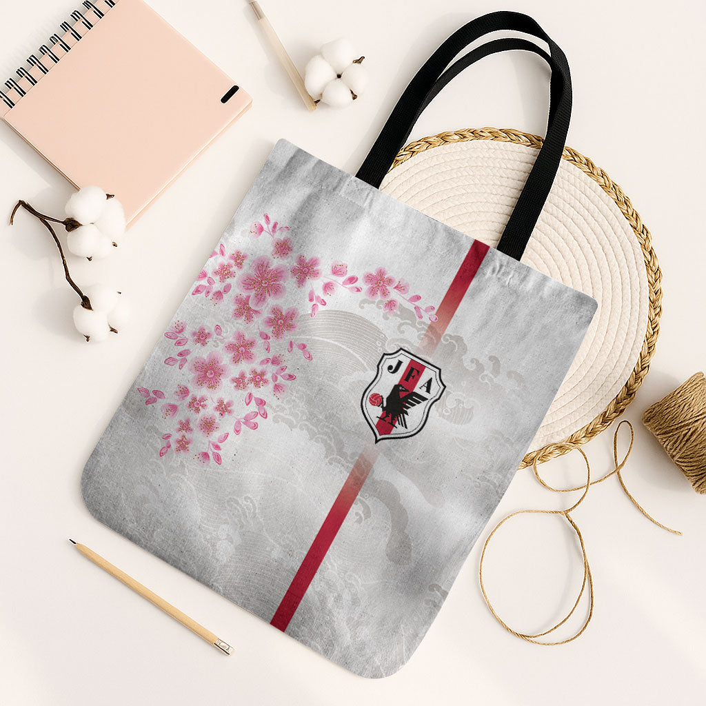 Japan National Football Tote Bag Cherry Blossom Sakura Wave Traditional Graphic Art
