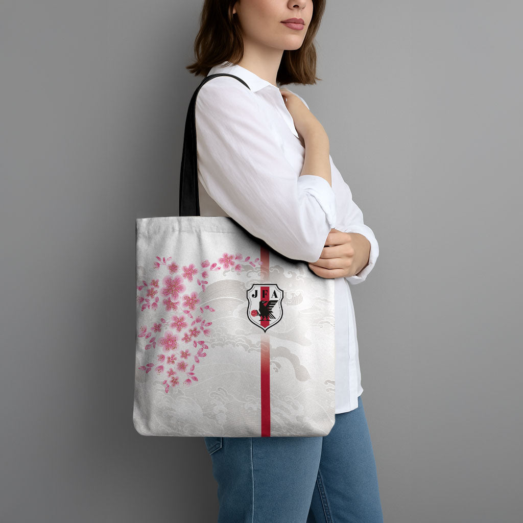 Japan National Football Tote Bag Cherry Blossom Sakura Wave Traditional Graphic Art
