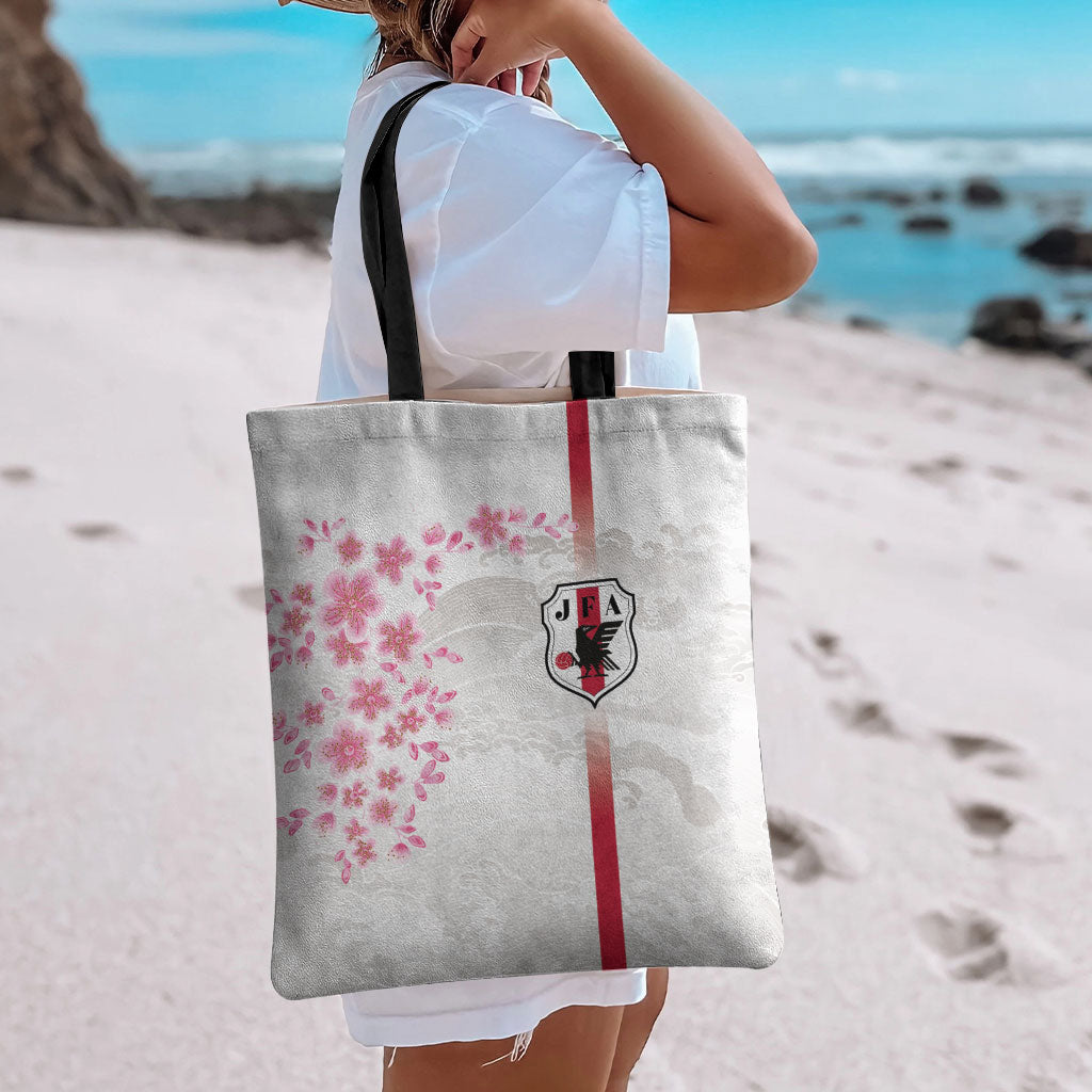 Japan National Football Tote Bag Cherry Blossom Sakura Wave Traditional Graphic Art