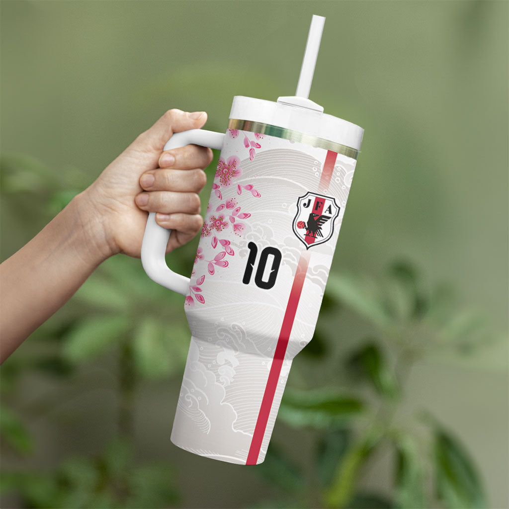 Custom Japan National Football Tumbler With Handle Cherry Blossom Sakura Wave Traditional Graphic Art