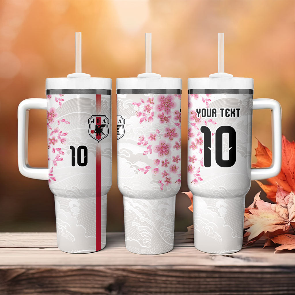 Custom Japan National Football Tumbler With Handle Cherry Blossom Sakura Wave Traditional Graphic Art