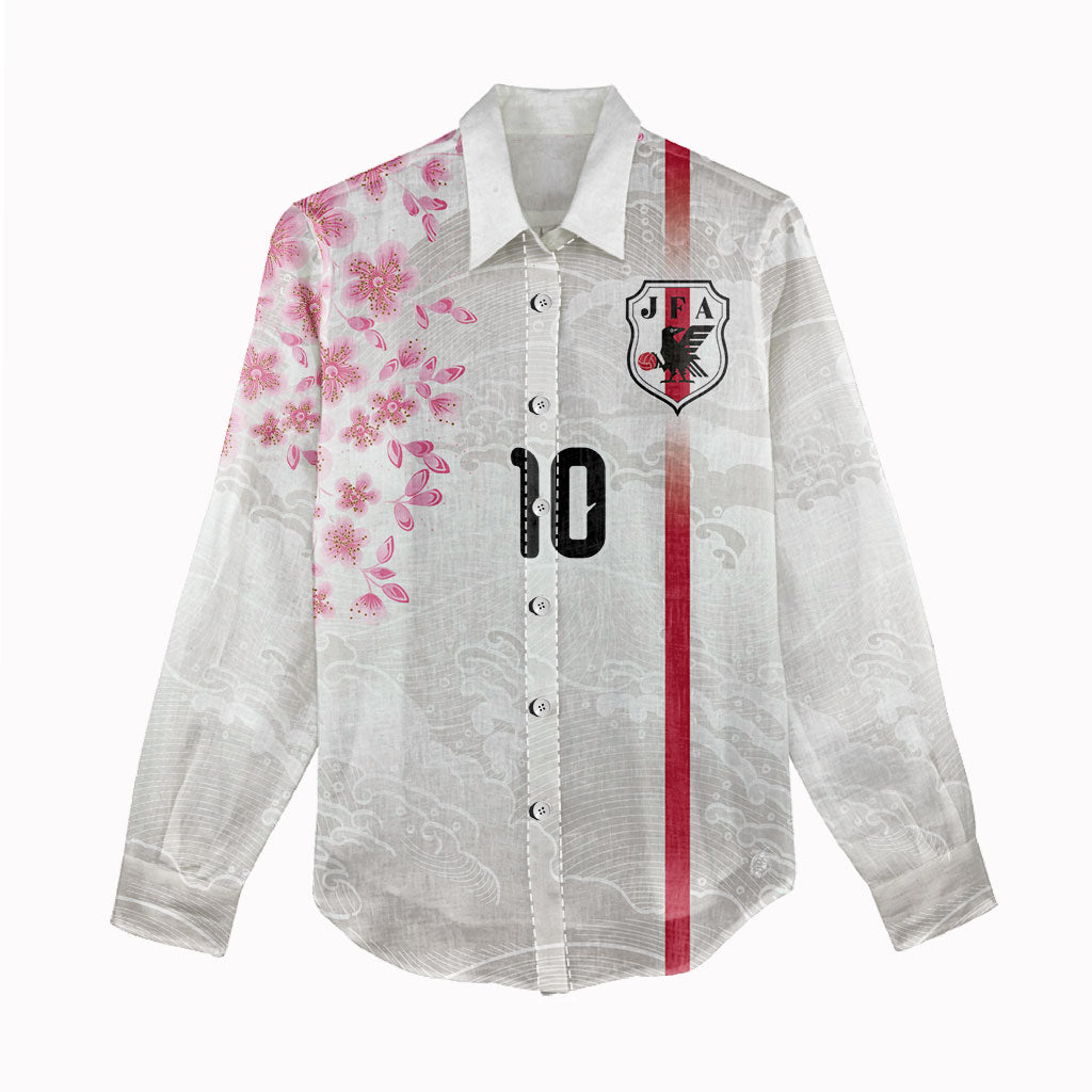 Custom Japan National Football Women Casual Shirt Cherry Blossom Sakura Wave Traditional Graphic Art
