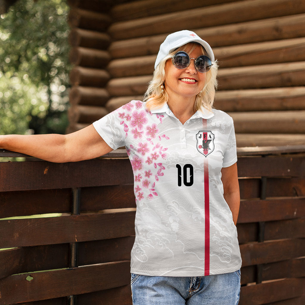 Custom Japan National Football Women Polo Shirt Cherry Blossom Sakura Wave Traditional Graphic Art